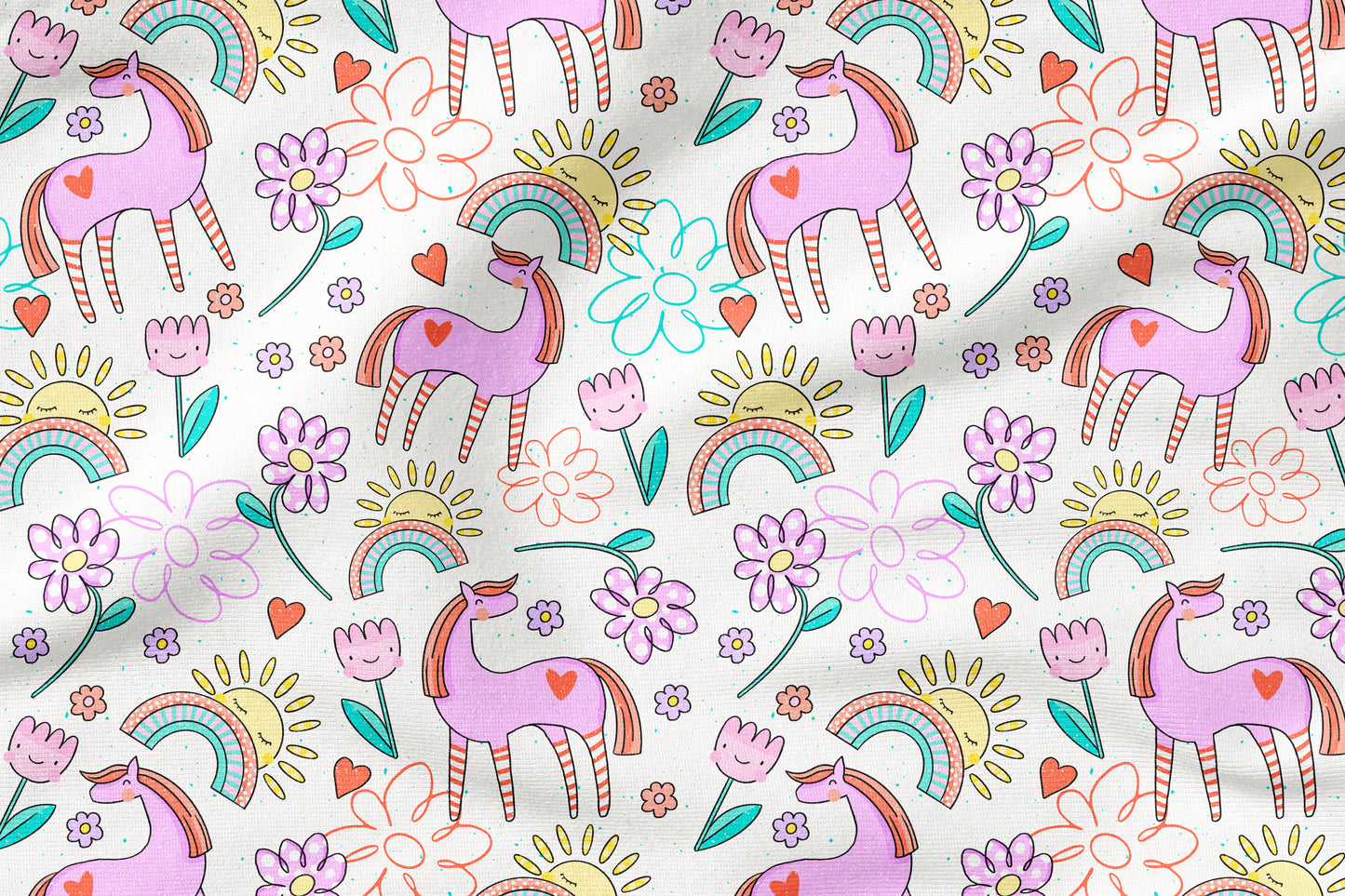 Bunter Tag Creme – Pony & Regenbogen Stoff | auf verschiedenen Stoffarten