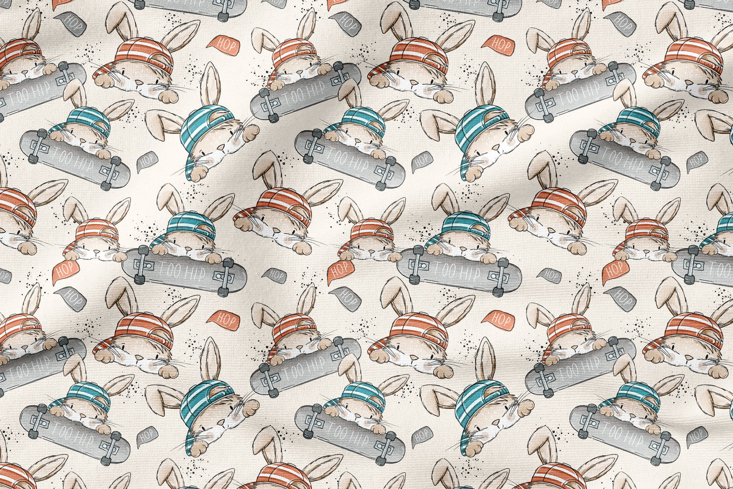 Skate Bunny Vibes Beige – Kinderstoff mit Hasen | verschiedene Stoffarten