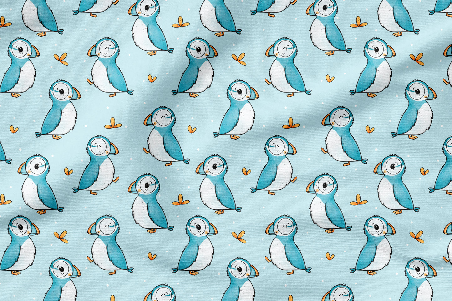 Puffin Friends – Kinderstoff mit Papageitauchern | verschiedene Stoffarten