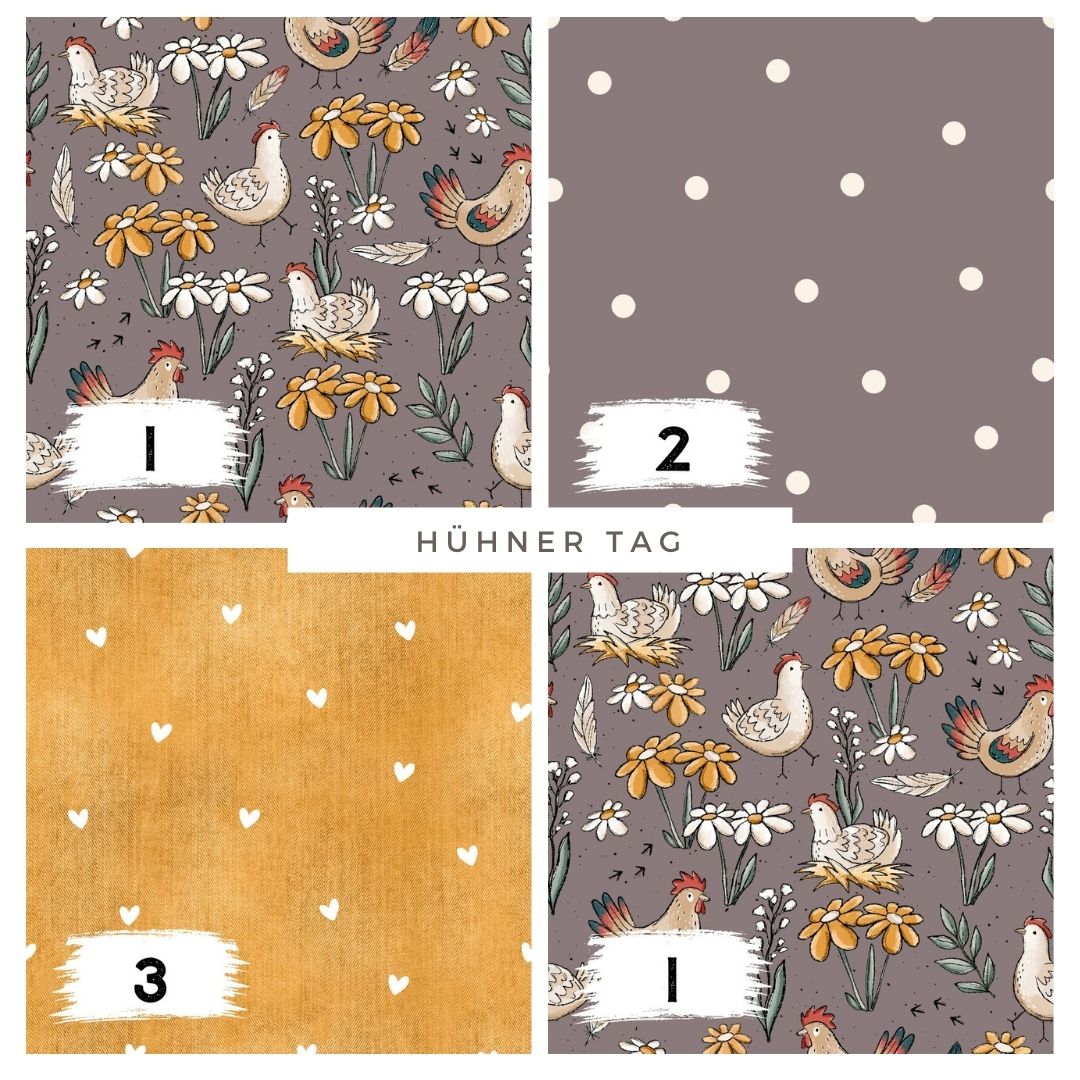 Stoffpaket Hühner Tag Mauve – Bauernhof Kinderstoff | verschiedene Stoffarten