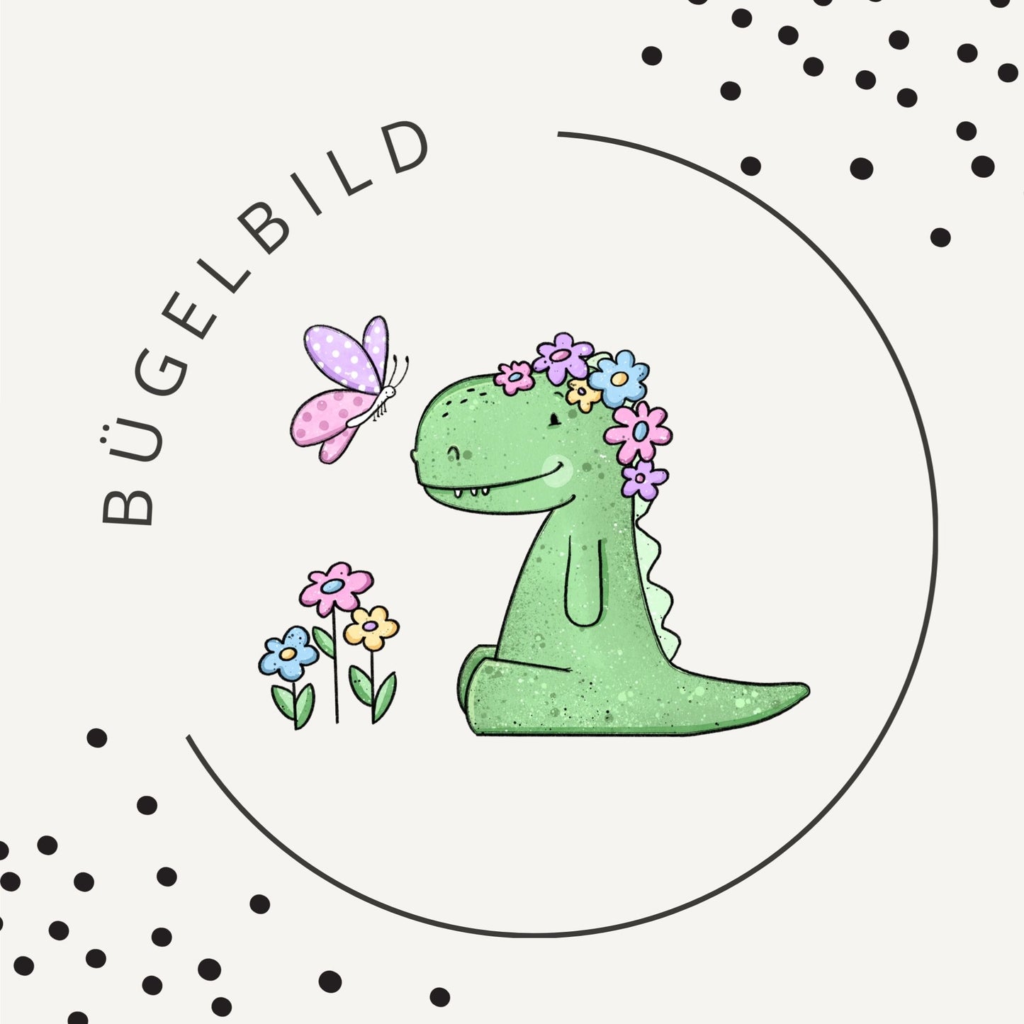 Bügelbild Dinomädchen – Süßer Dino mit Blumen