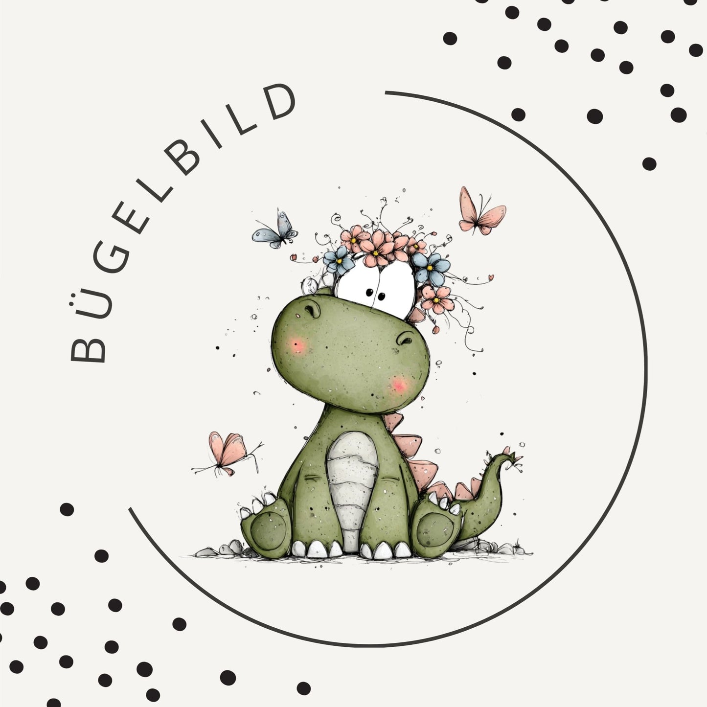 Bügelbild Kleines Dinomädchen – Dino mit Blumen