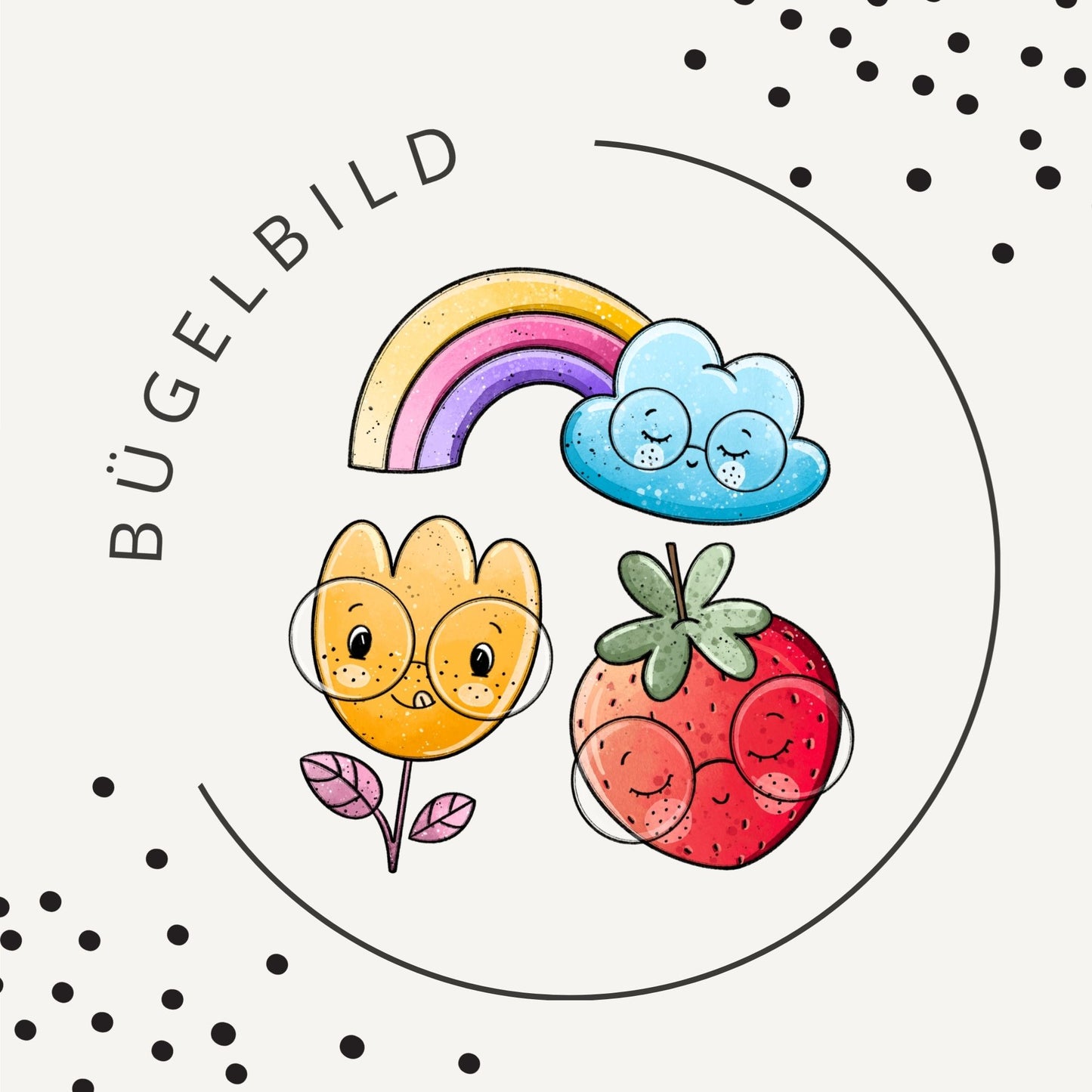 Bügelbild Buntes Glück – Regenbogen & Erdbeere