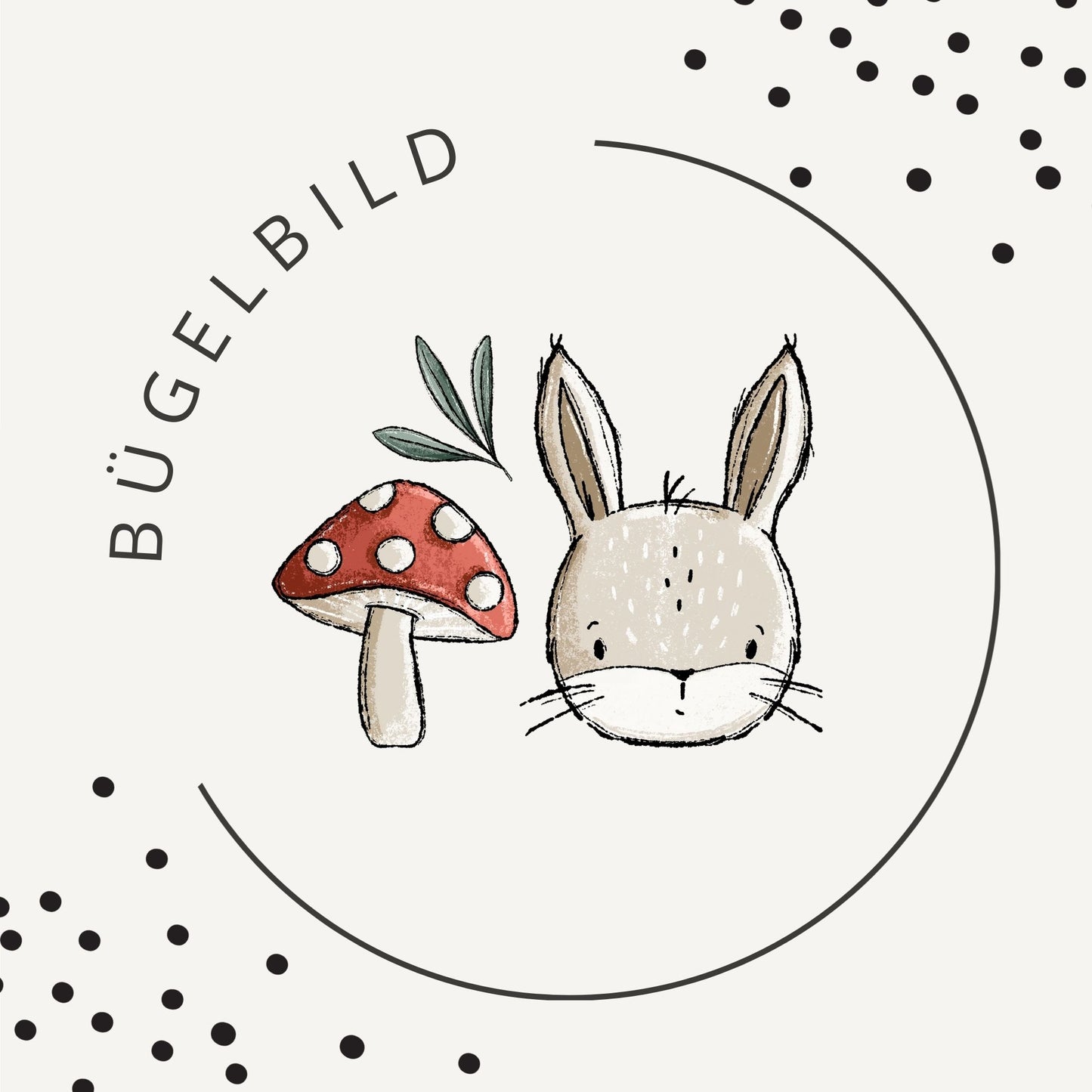 Bügelbild Wiesentag Taupe – Hasenmotiv mit Pilz in Naturtönen