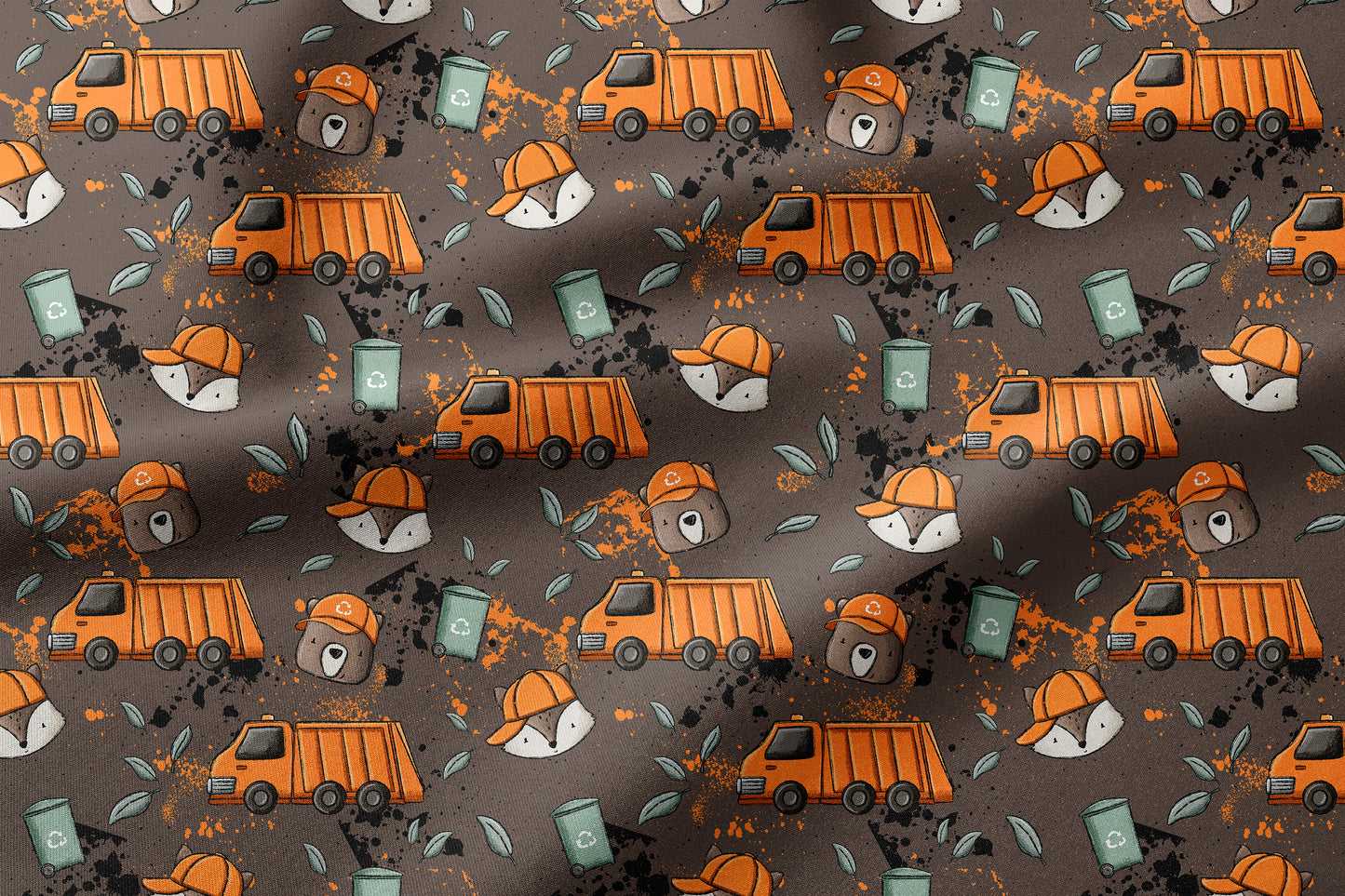 Müllauto – Kinderstoff mit Müllauto und Waldtieren | verschiedene Stoffarten