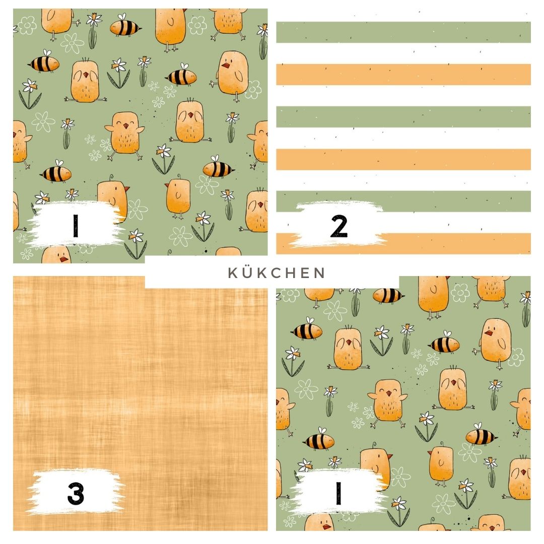 Kükchen Grün – Küken Stoff mit Bienchen | verschiedene Stoffarten