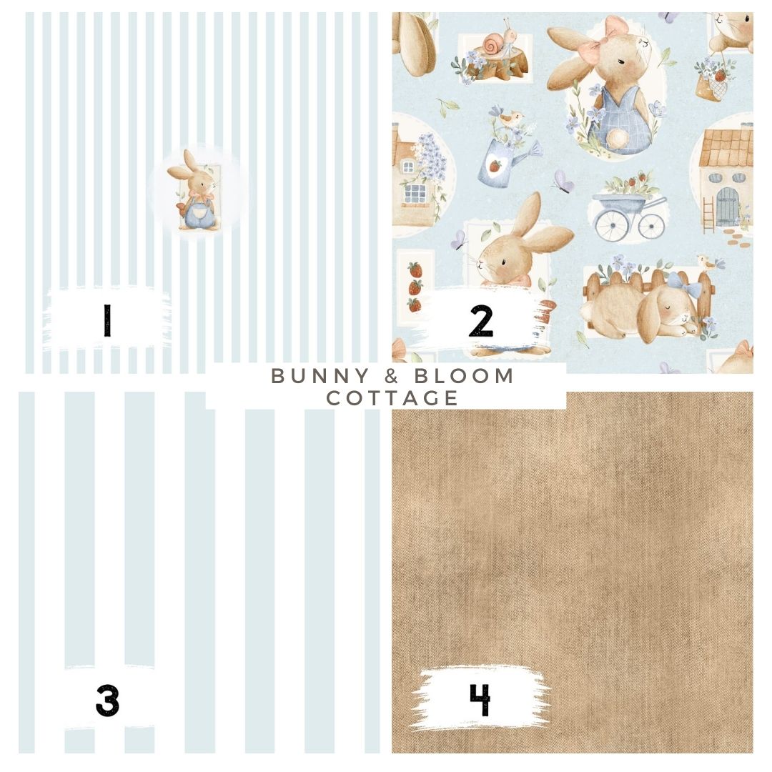 Bunny & Bloom Cottage Hellblau – Kinderstoff mit Häschen | verschiedene Stoffarten