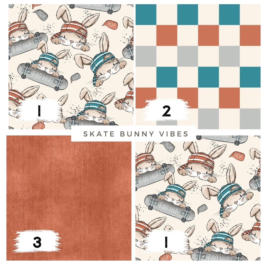 Skate Bunny Vibes Beige – Kinderstoff mit Hasen | verschiedene Stoffarten