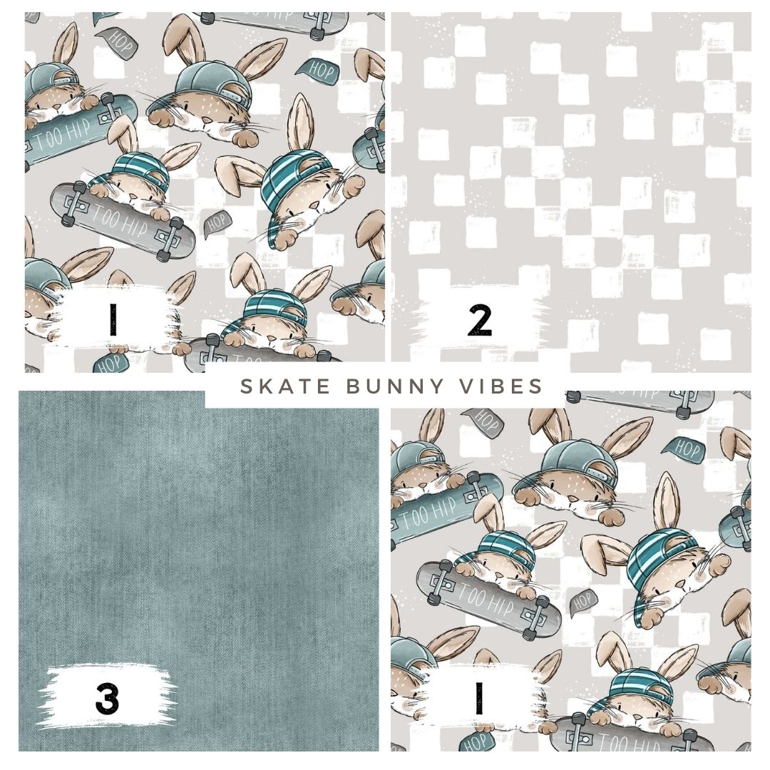 Skate Bunny Vibes Grau – Kinderstoff mit Hasen | verschiedene Stoffarten