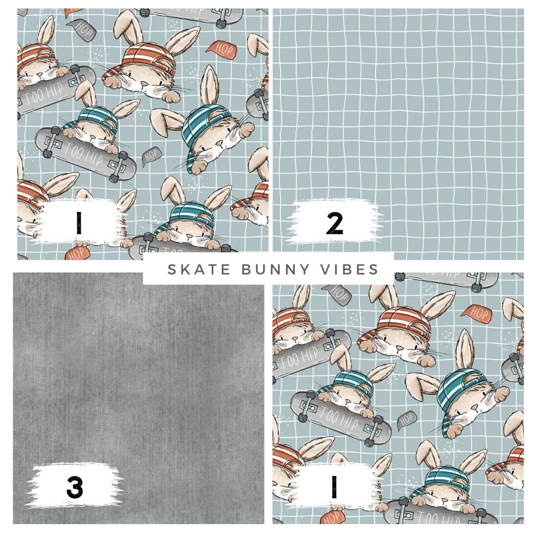 Stoffpaket Skate Bunny Vibes Grid – Kinderstoff mit Hasen | verschiedene Stoffarten