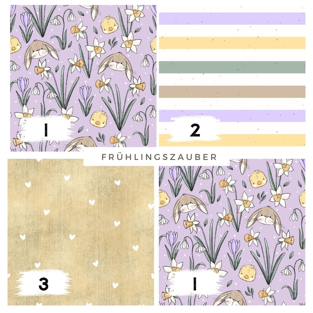 Frühlingszauber Lila – Kinderstoff mit Hasen & Blumen | verschiedene Stoffarten