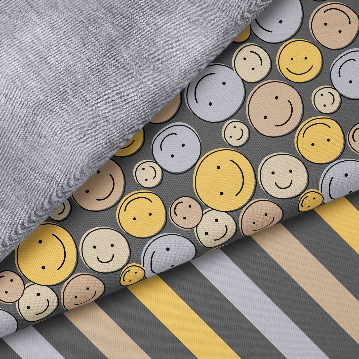 Smile Vibes Grau – moderner Smiley Stoff | auf verschiedenen Stoffarten