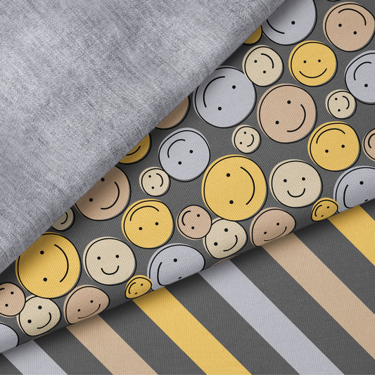 Smile Vibes Grau – moderner Smiley Stoff | auf verschiedenen Stoffarten