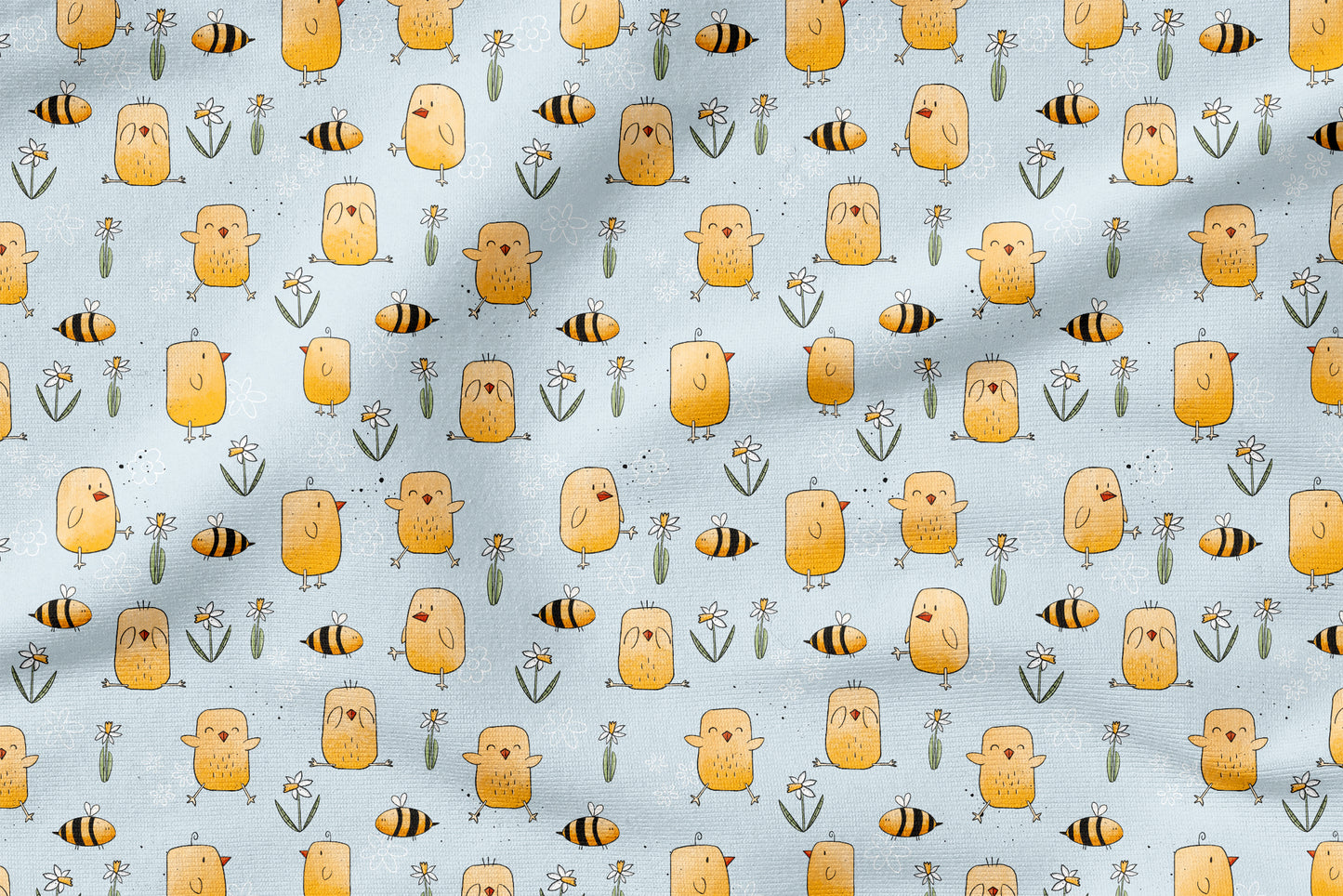 Kükchen Blau – Küken Stoff mit Bienchen | verschiedene Stoffarten