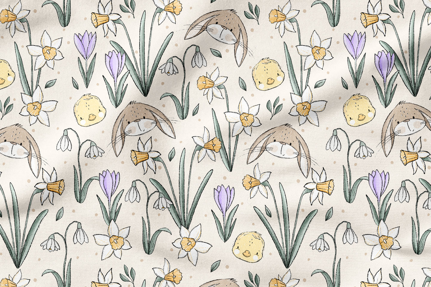 Frühlingszauber Beige – Kinderstoff mit Hasen & Blumen | verschiedene Stoffarten
