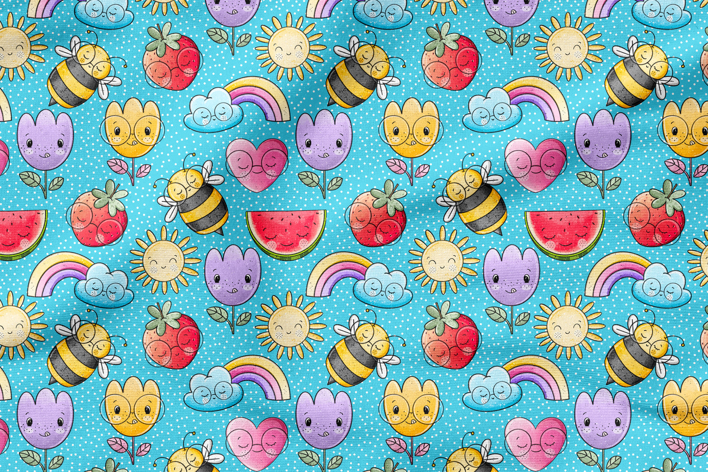 Buntes Glück – fröhlicher Kinderstoff mit Bienen & Regenbogen | auf verschiedenen Stoffarten