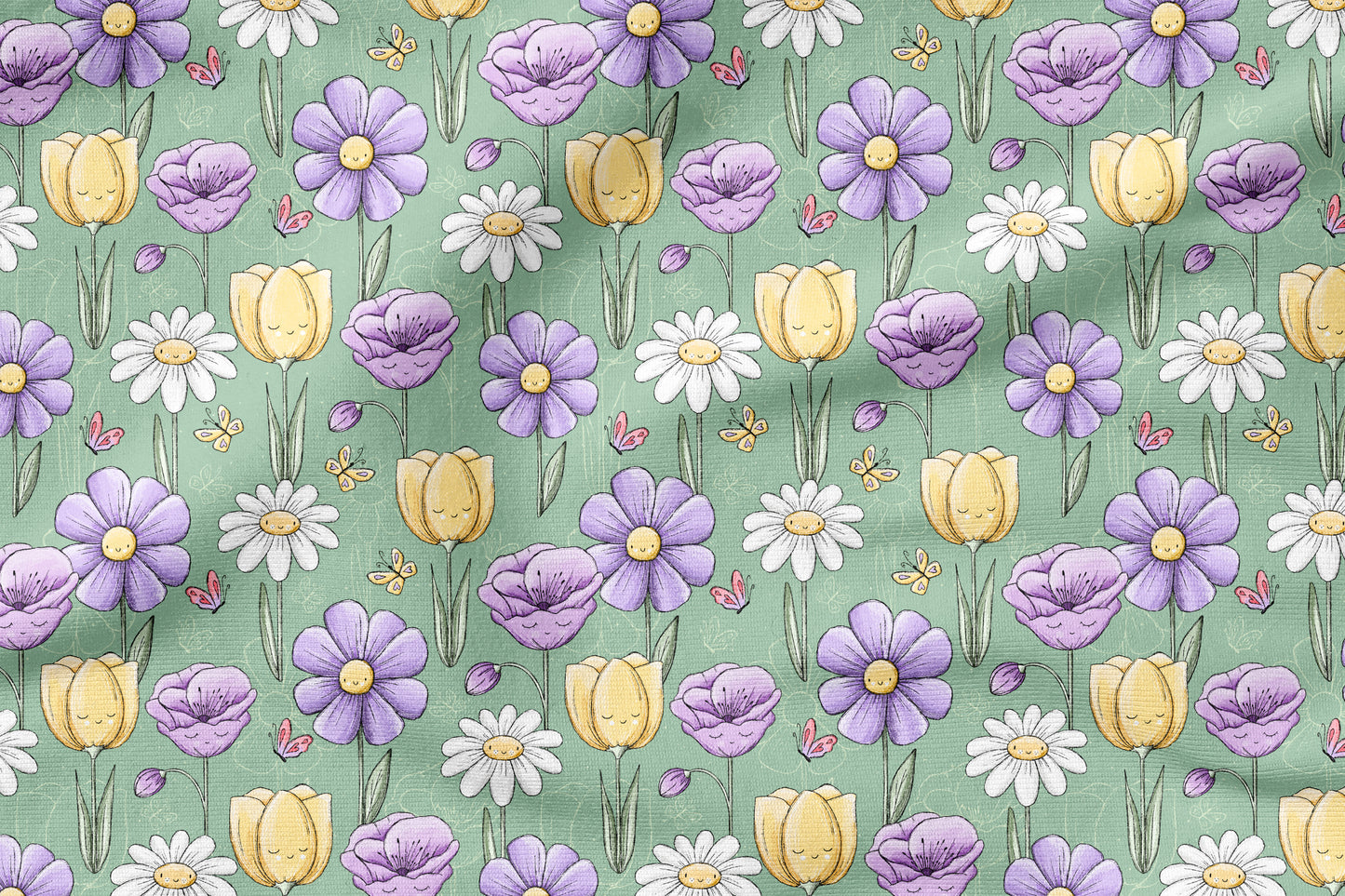 Bloom & Smile Grün – fröhlicher Blumen Stoff | auf verschiedenen Stoffarten