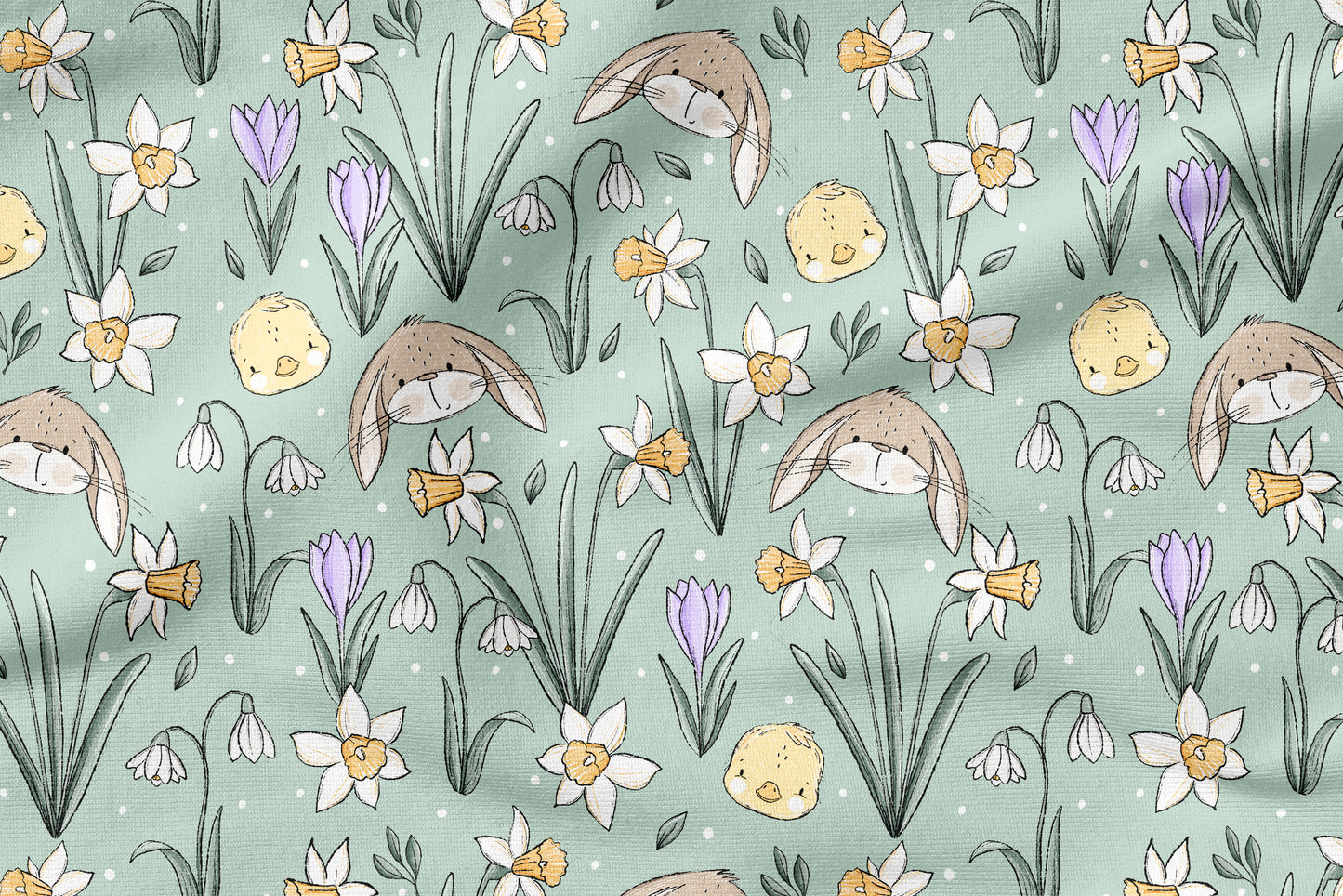 Frühlingszauber Grün – Kinderstoff mit Hasen & Blumen | verschiedene Stoffarten