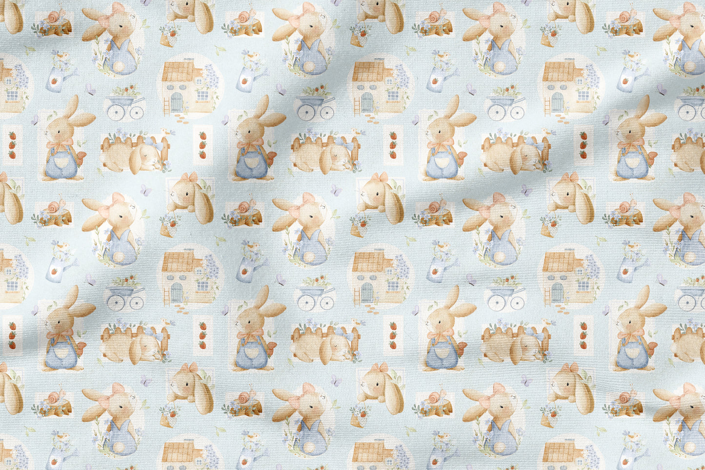 Bunny & Bloom Cottage Hellblau – Kinderstoff mit Häschen | verschiedene Stoffarten