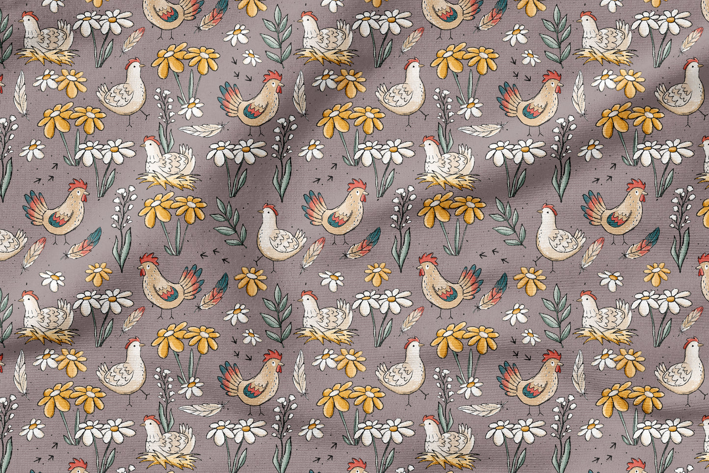 Hühner Tag Mauve – Bauernhof Kinderstoff | verschiedene Stoffarten