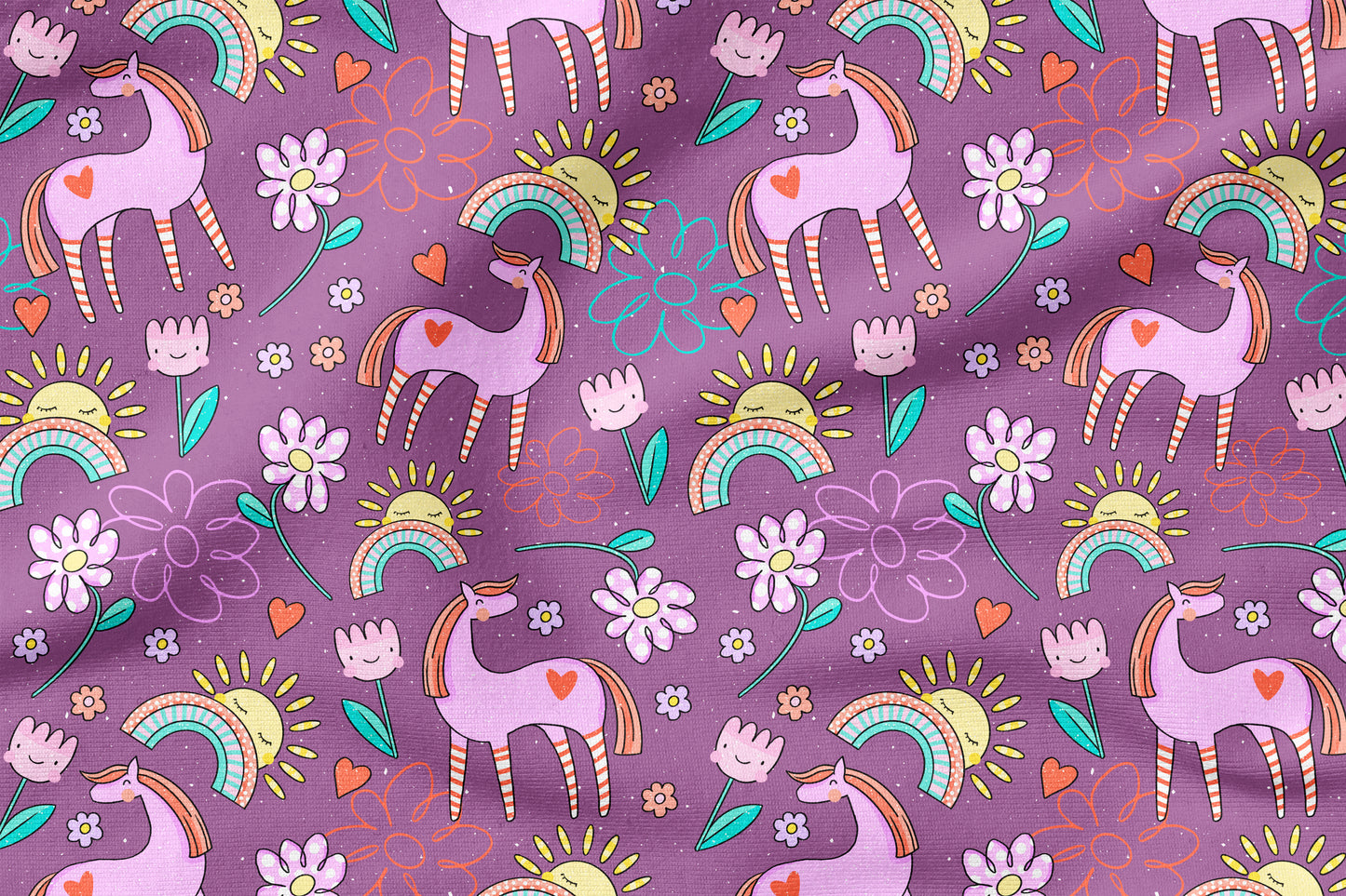 Bunter Tag Lila – Pony & Regenbogen Stoff | auf verschiedenen Stoffarten