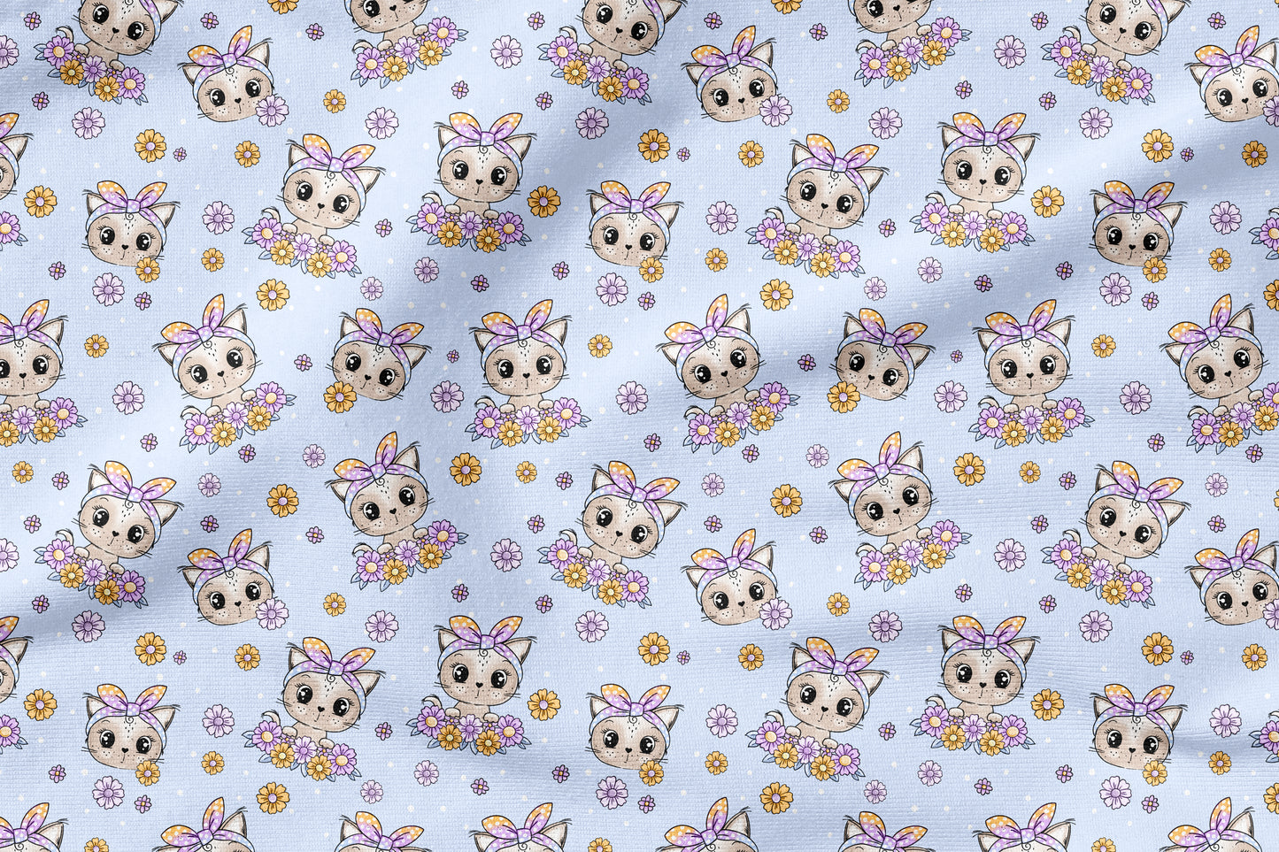 Kitty Flower Blau – Katzen & Blumen Kinderstoff | verschiedene Stoffarten