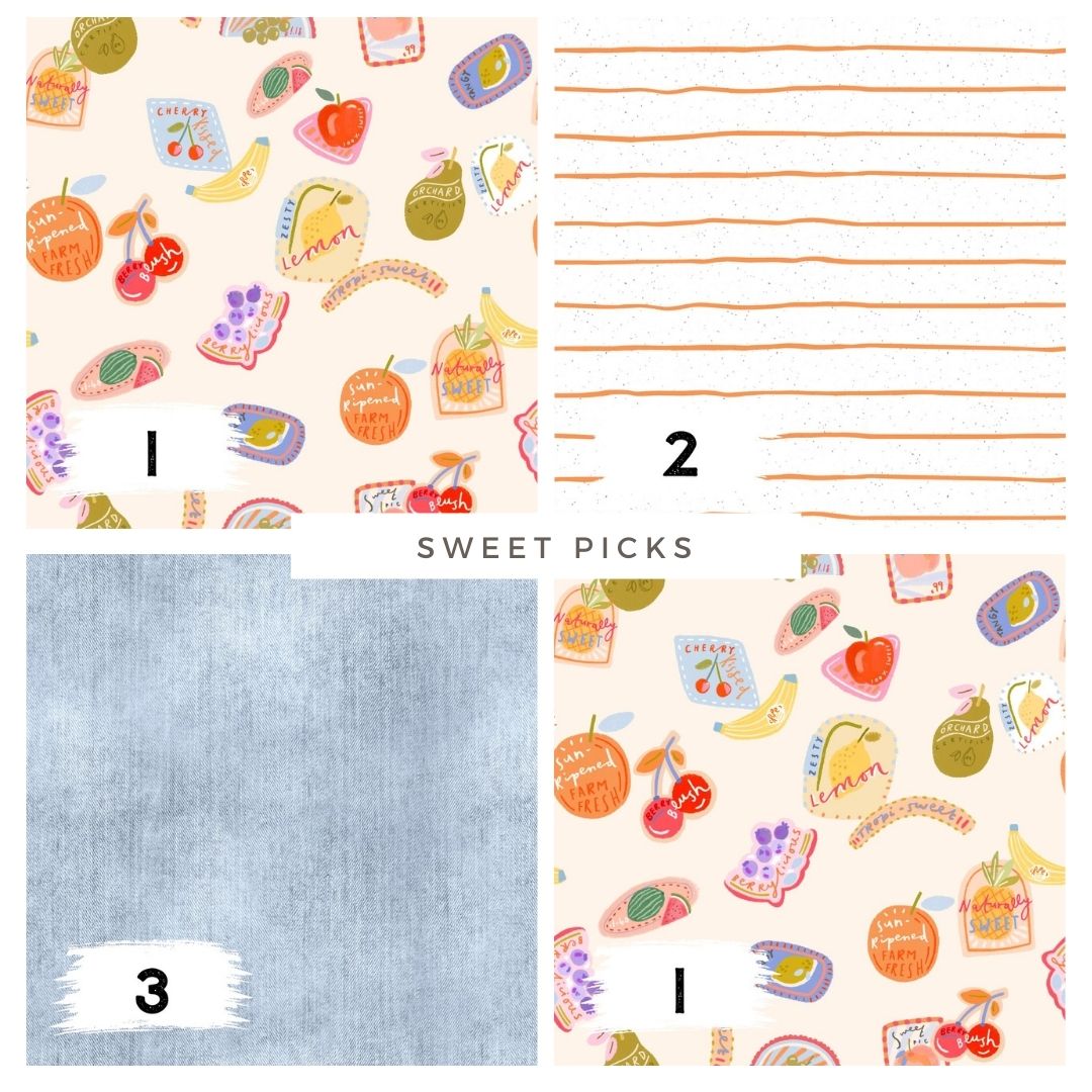 Stoffpaket Sweet Picks Neutral – Kinderstoff mit Früchten | verschiedene Stoffarten