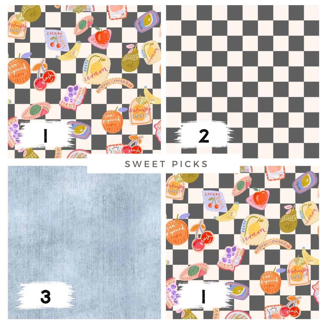 Sweet Picks Schachbrett – moderner Kinderstoff mit Früchten | verschiedene Stoffarten