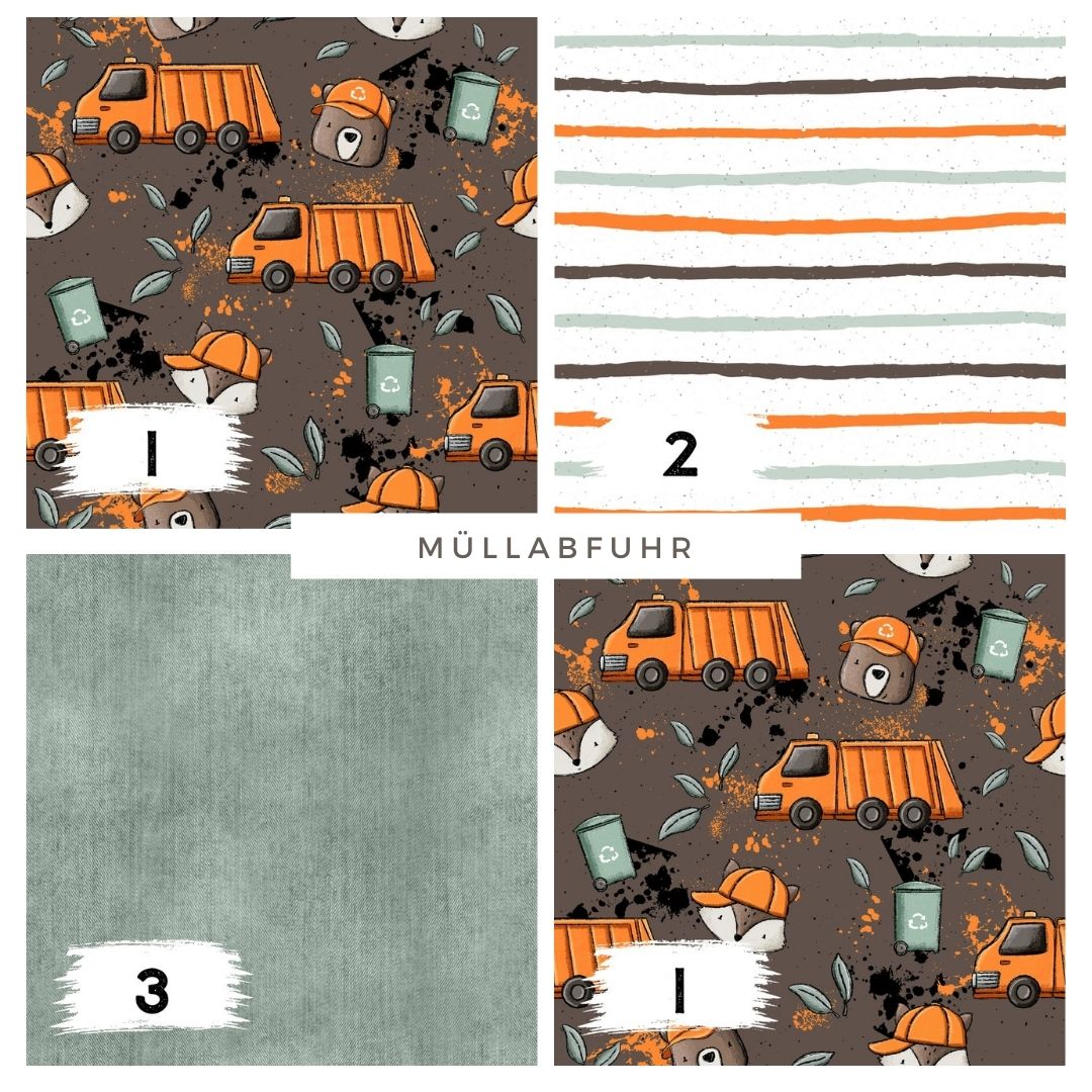 Stoffpaket Müllauto – Kinderstoff mit Müllauto und Waldtieren | verschiedene Stoffarten