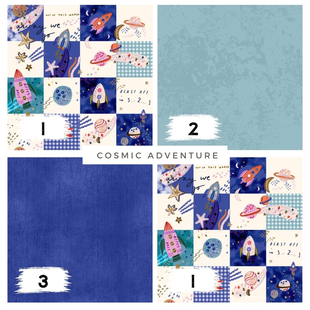 Cosmic Adventure Blau – Kinderstoff Weltall | verschiedene Stoffarten