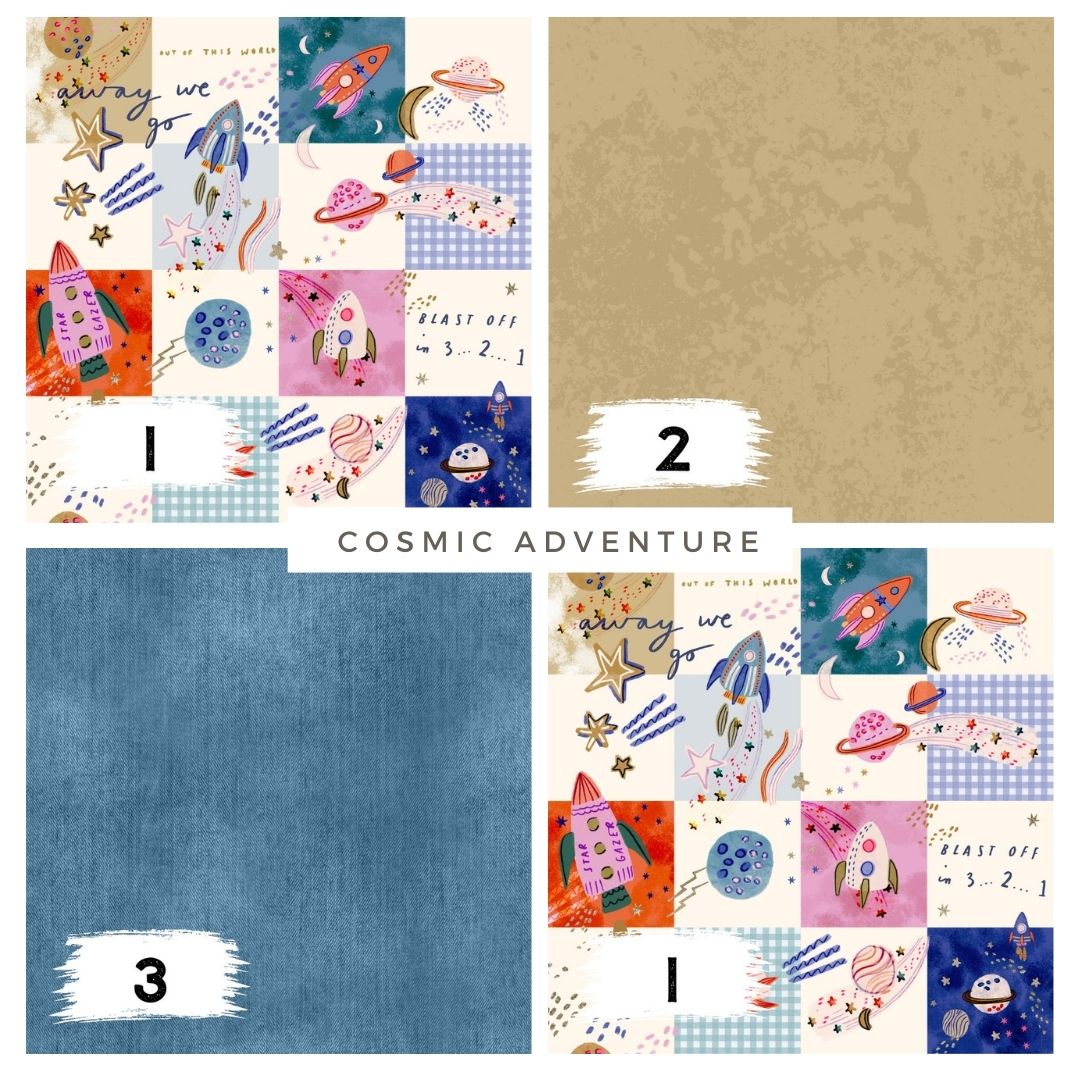 Cosmic Adventure Grün – Kinderstoff Weltall | verschiedene Stoffarten