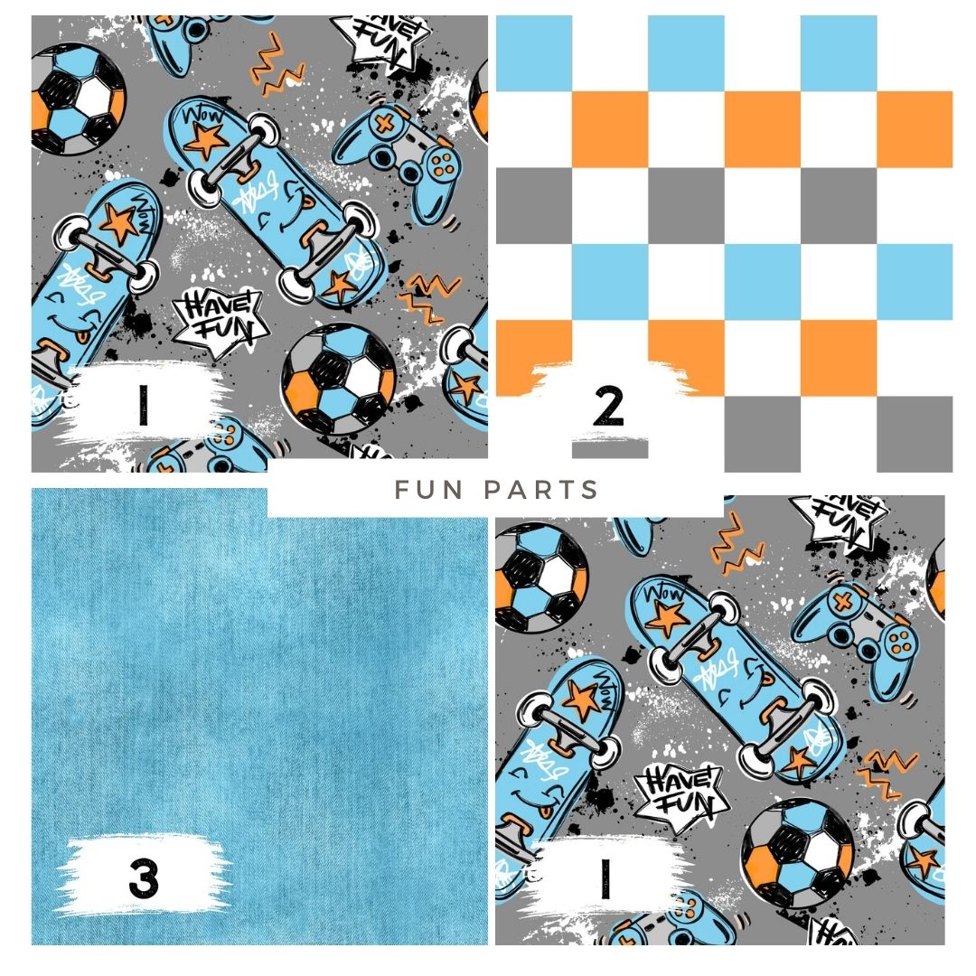 Fun Parts Dunkelgrau – cooler Kinderstoff mit Skateboard & Gaming | auf verschiedenen Stoffarten