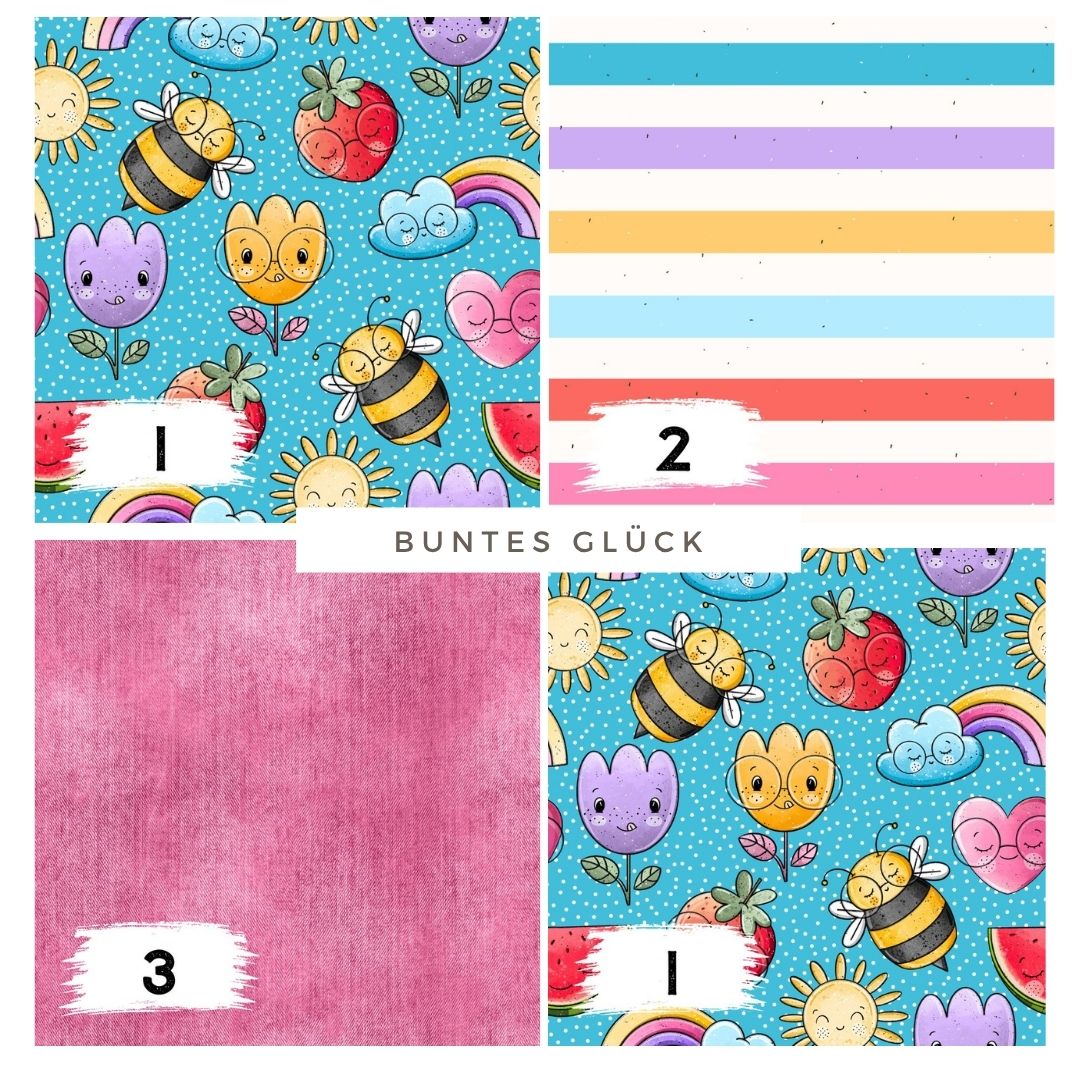 Buntes Glück – fröhlicher Kinderstoff mit Bienen & Regenbogen | auf verschiedenen Stoffarten