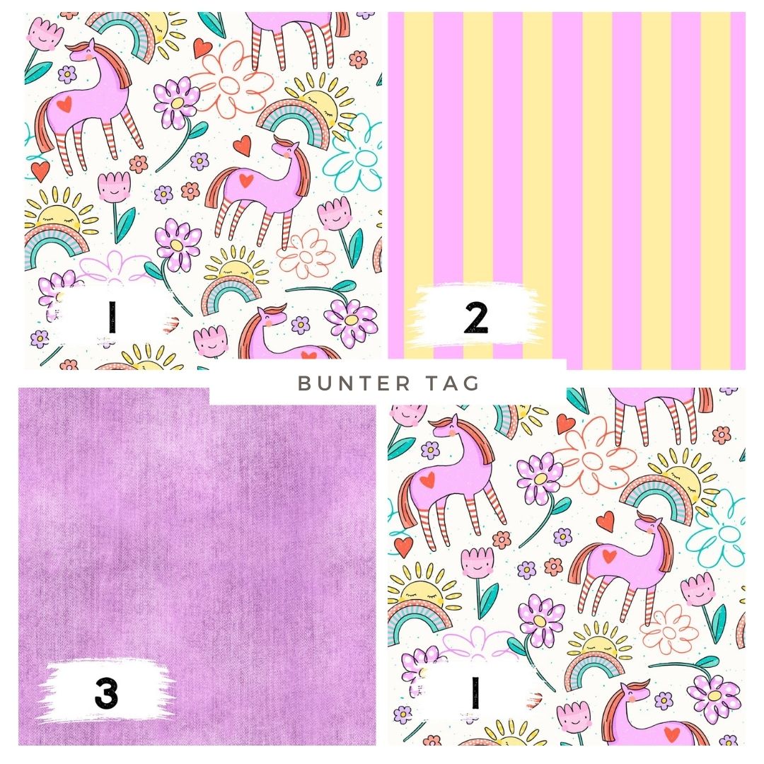 Bunter Tag Creme – Pony & Regenbogen Stoff | auf verschiedenen Stoffarten