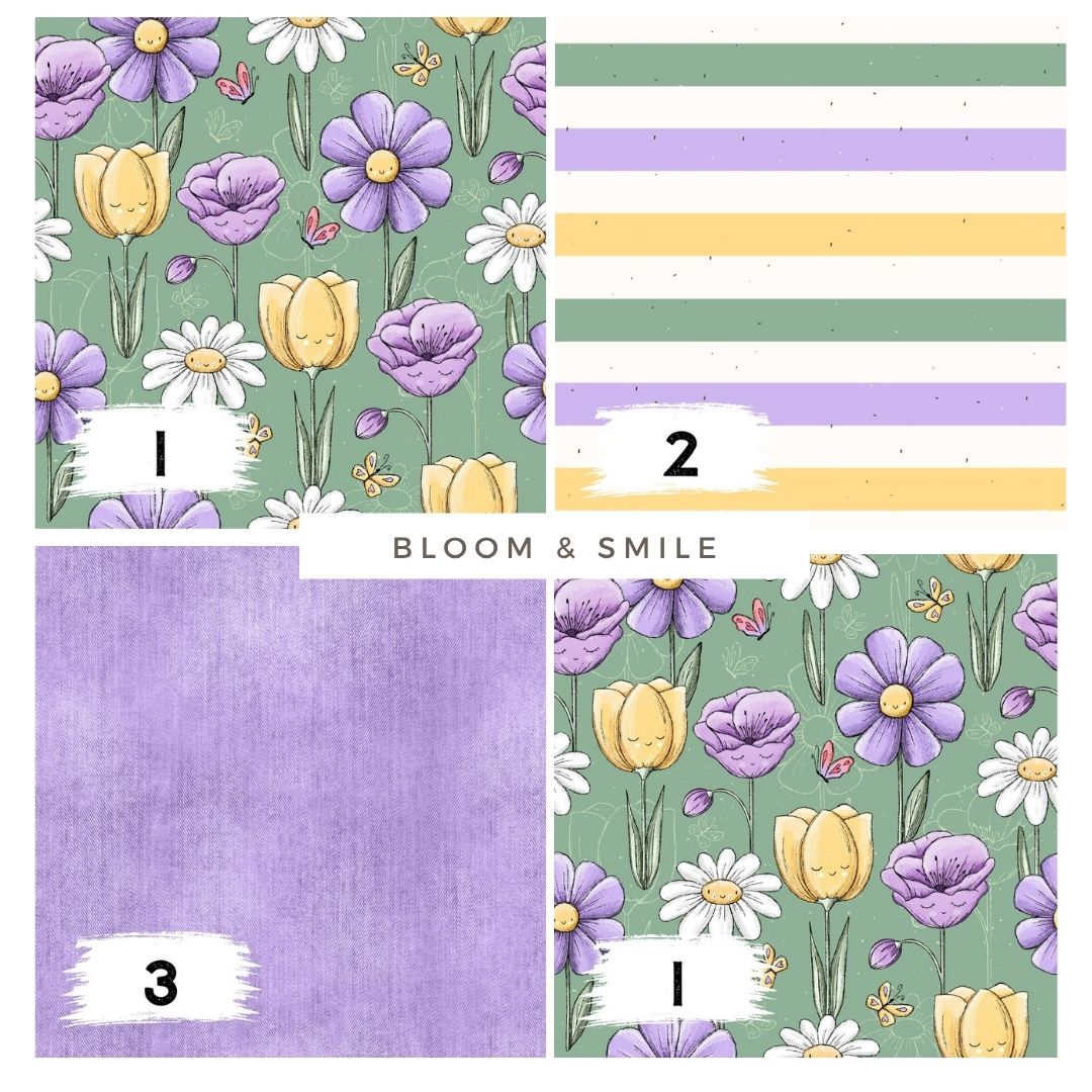 Bloom & Smile Grün – fröhlicher Blumen Stoff | auf verschiedenen Stoffarten