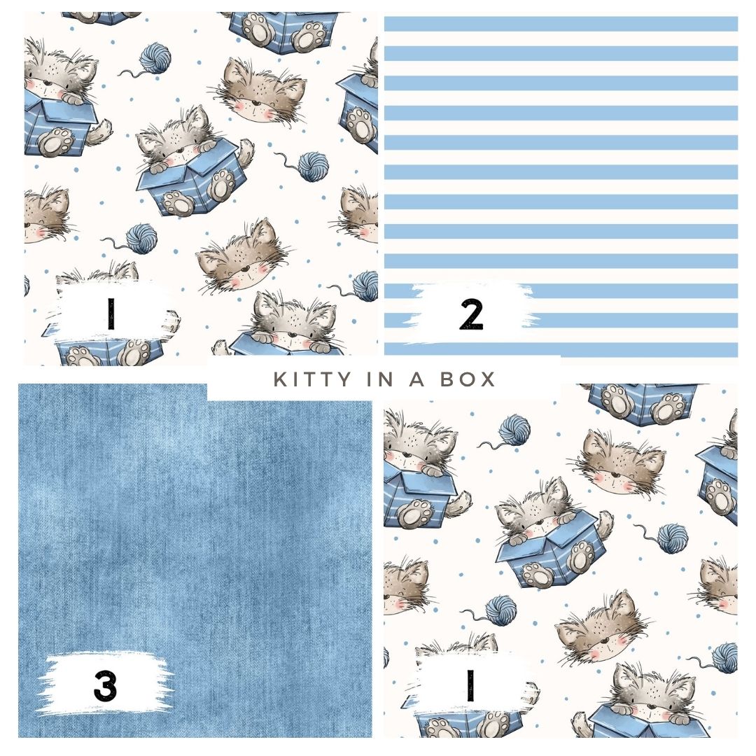 Kitty in a Box Blau – süßer Katzen Stoff | auf verschiedenen Stoffarten