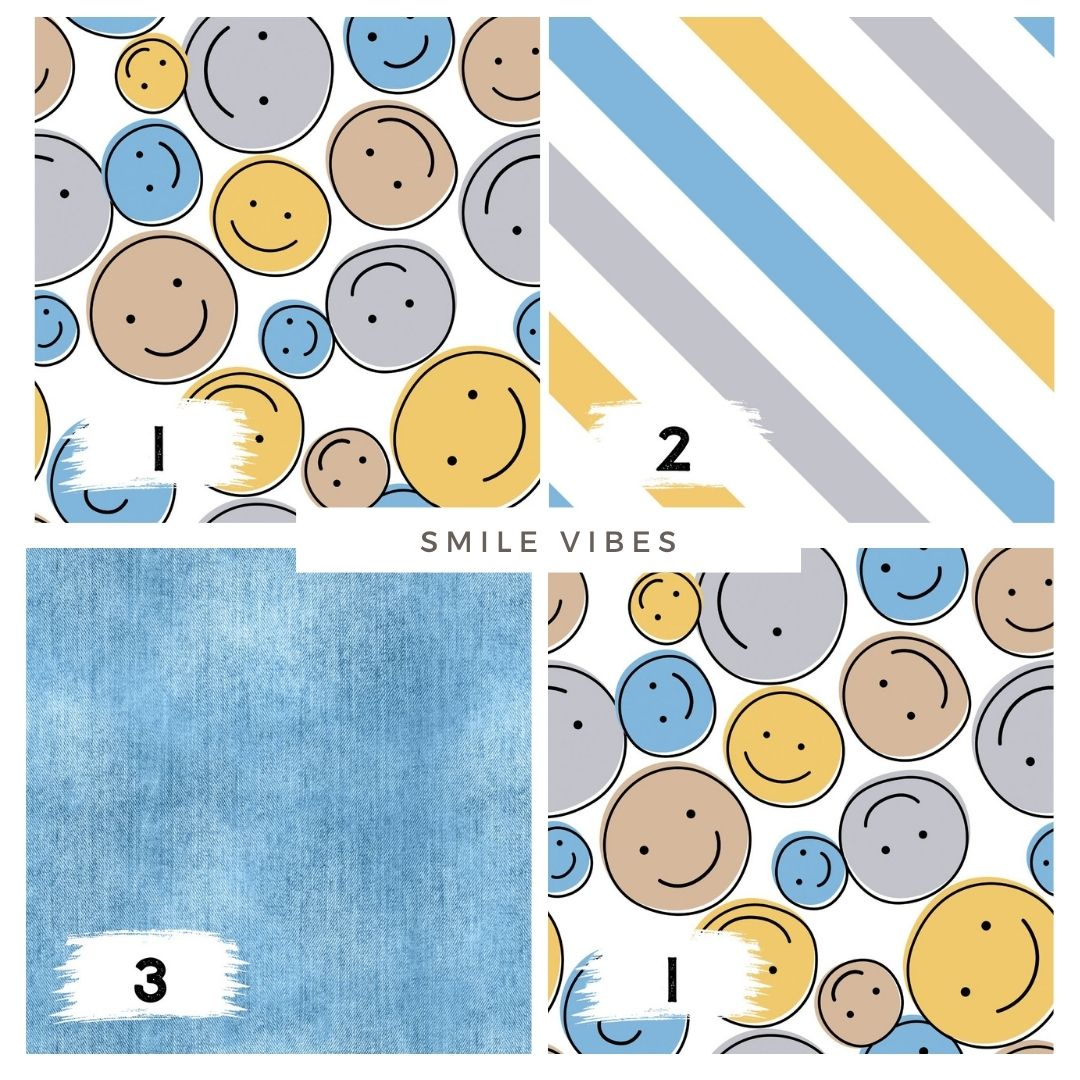 Smile Vibes Blau – moderner Smiley Stoff | auf verschiedenen Stoffarten