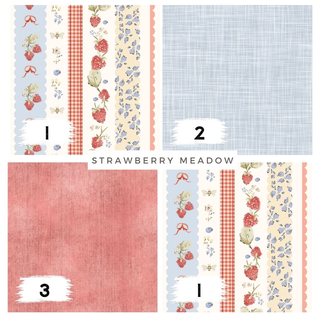 Strawberry Meadow Hellblau – romantischer Erdbeer Stoff | auf verschiedenen Stoffarten