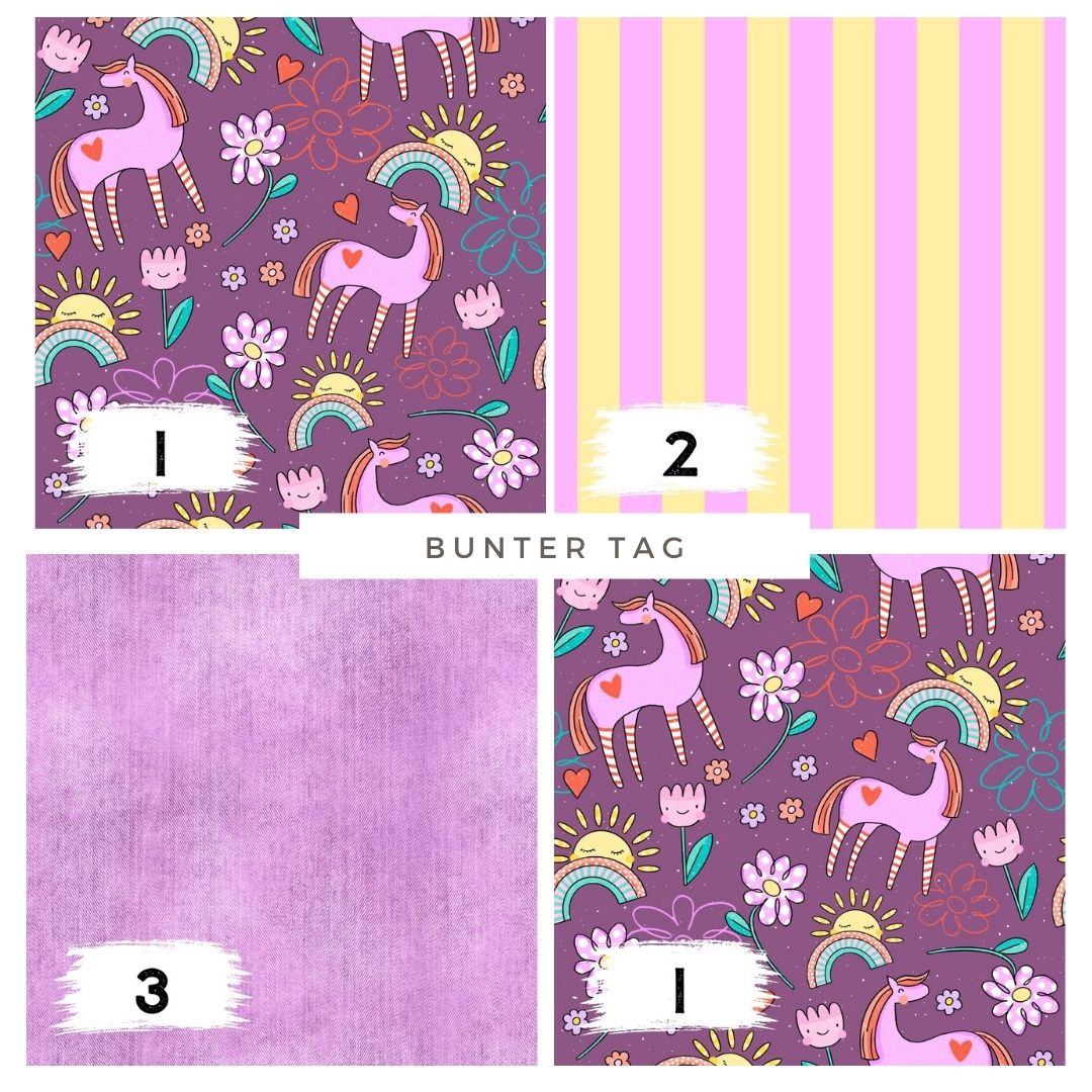 Bunter Tag Lila – Pony & Regenbogen Stoff | auf verschiedenen Stoffarten