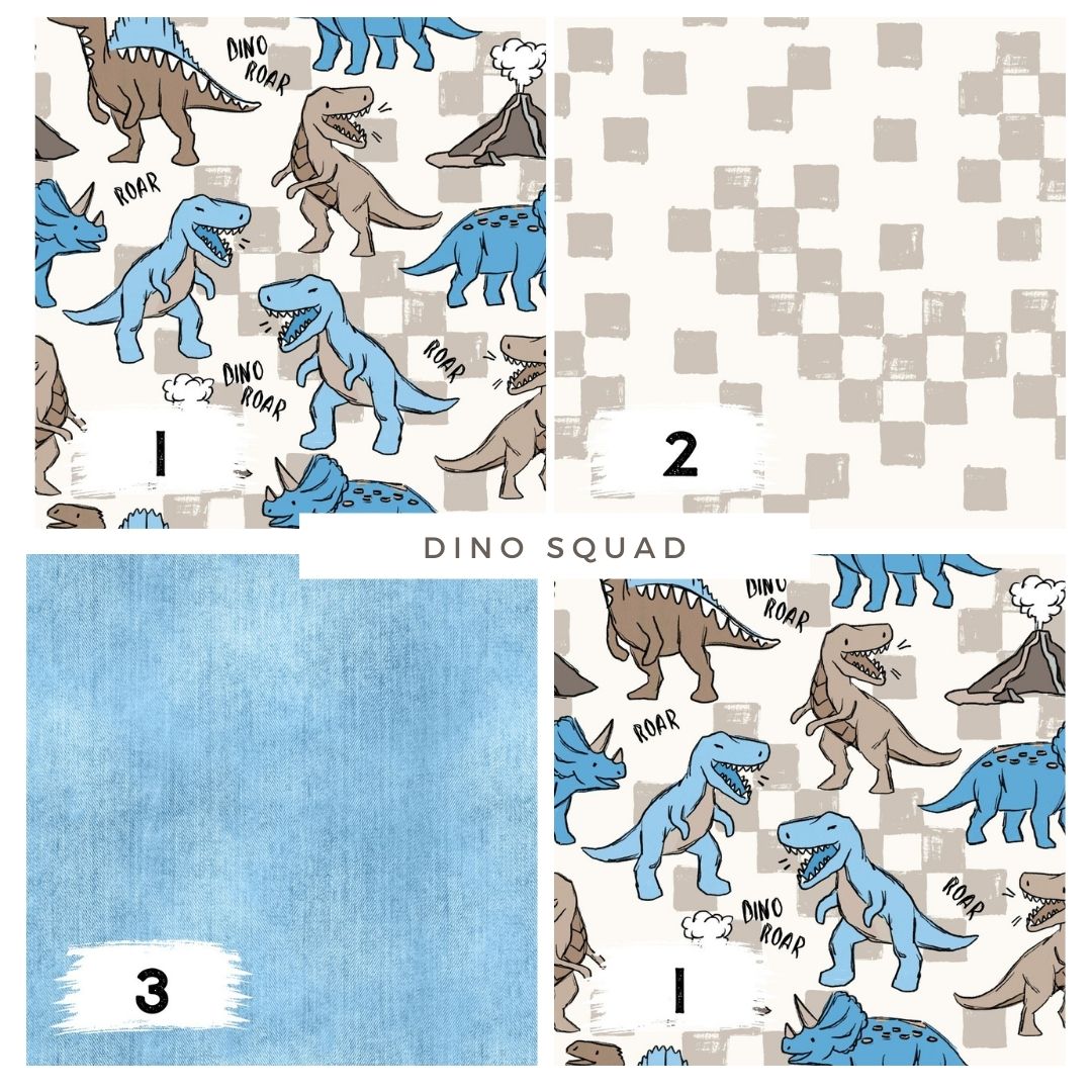 Dino Squad Blau – Dinosaurier Stoff für Kinder | auf verschiedenen Stoffarten