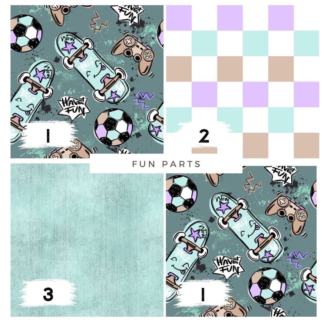 Fun Parts Petrol – cooler Kinderstoff mit Skateboard & Gaming | auf verschiedenen Stoffarten