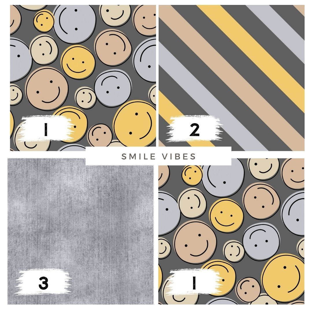 Smile Vibes Grau – moderner Smiley Stoff | auf verschiedenen Stoffarten