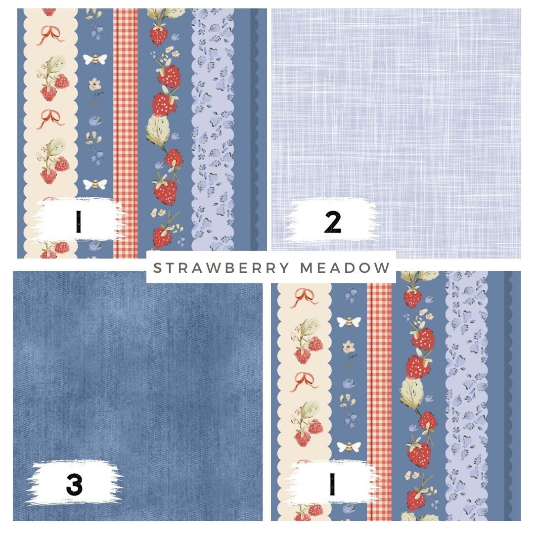 Strawberry Meadow Blau – romantischer Erdbeer Stoff | auf verschiedenen Stoffarten