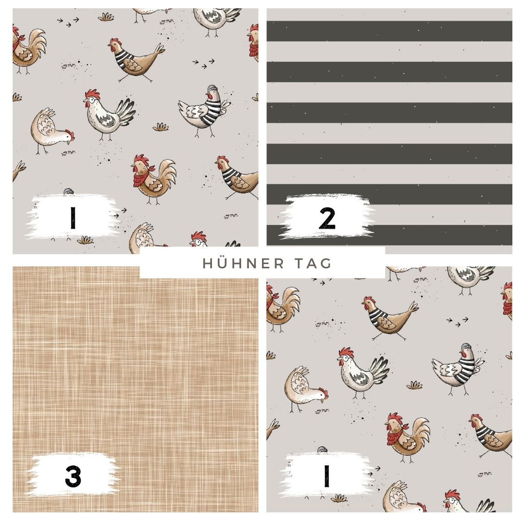 Hühner Tag Taupe – Bauernhof Kinderstoff | verschiedene Stoffarten