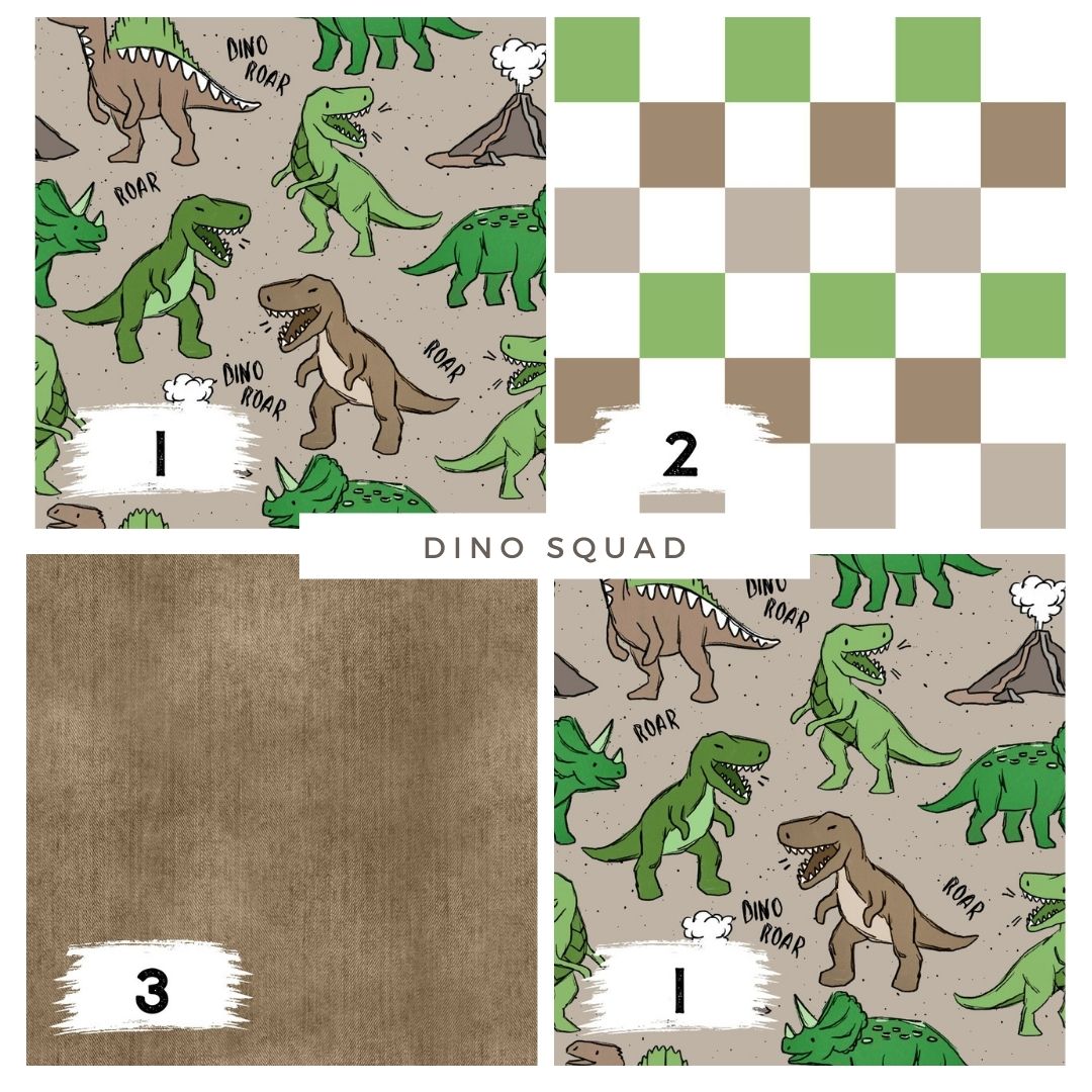 Dino Squad Grün – Dinosaurier Stoff für Kinder | auf verschiedenen Stoffarten