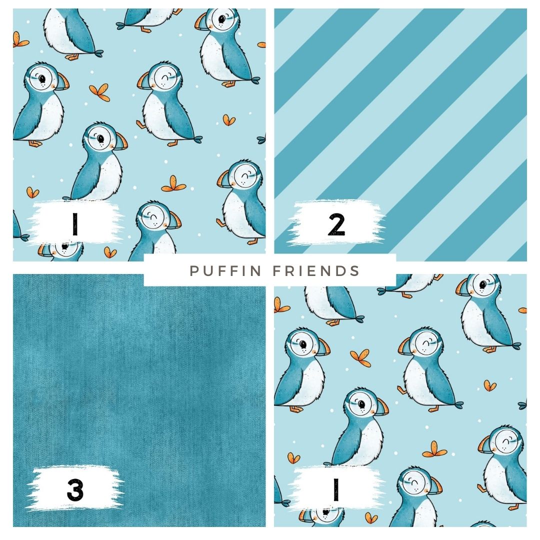 Puffin Friends – Kinderstoff mit Papageitauchern | verschiedene Stoffarten