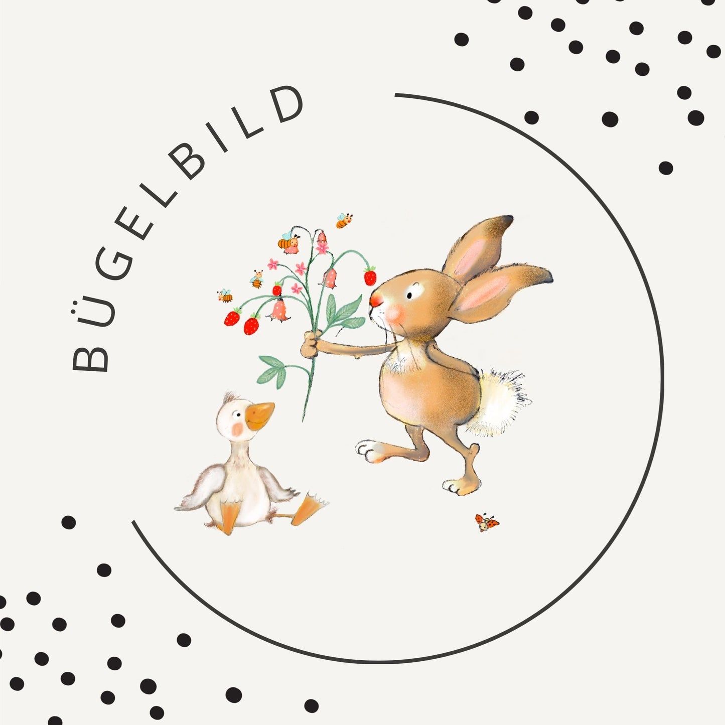Bügelbild Hasenwiese – Hase & Küken mit Erdbeeren