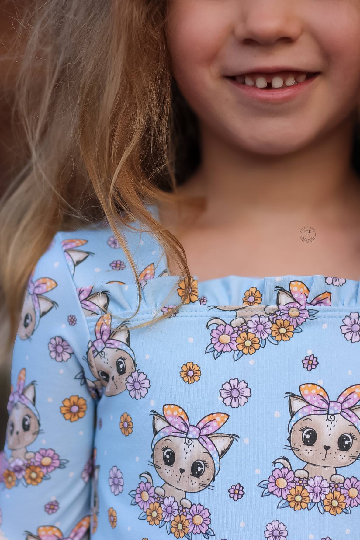 Kitty Flower Blau – Katzen & Blumen Kinderstoff | verschiedene Stoffarten