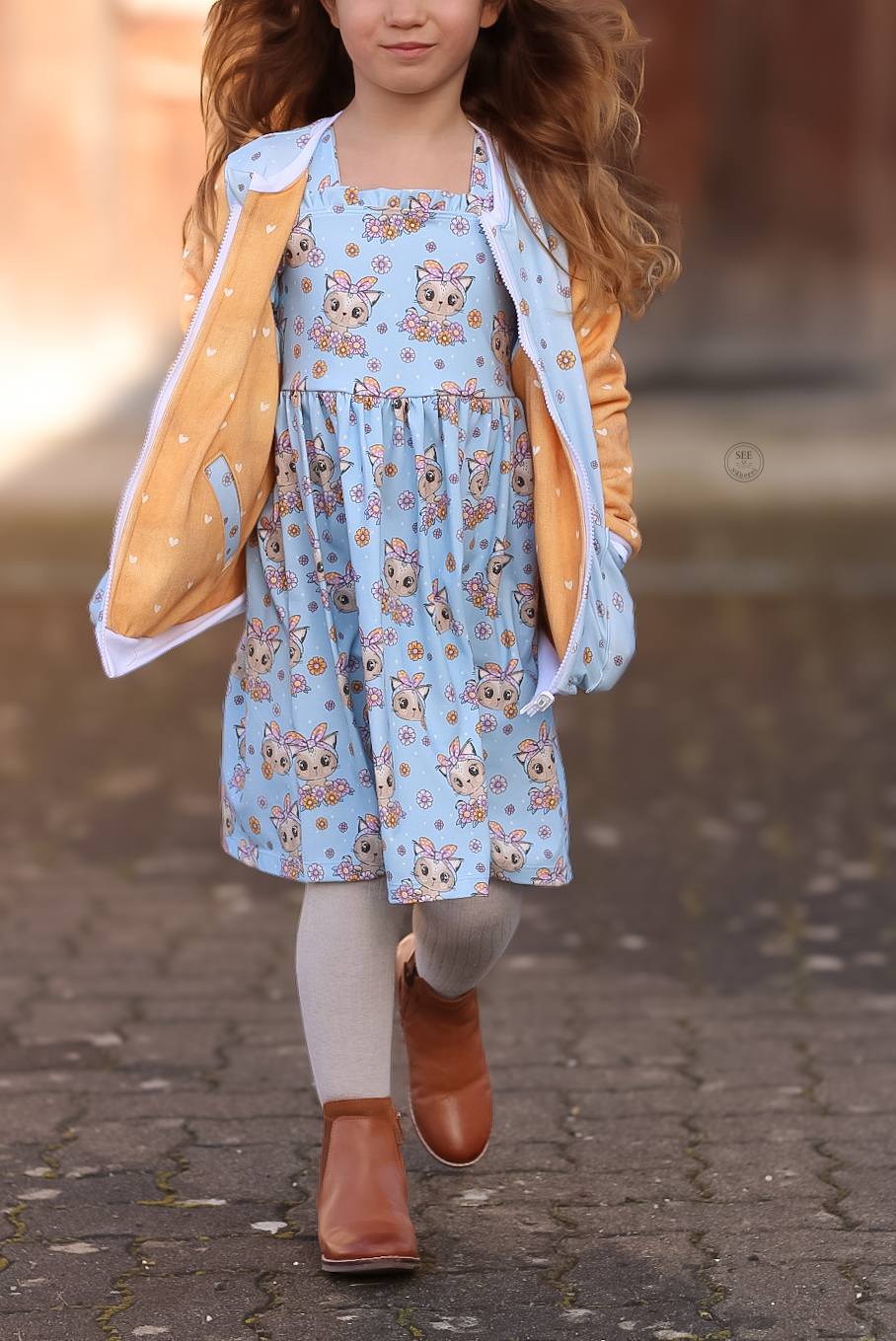 Kitty Flower Blau – Katzen & Blumen Kinderstoff | verschiedene Stoffarten