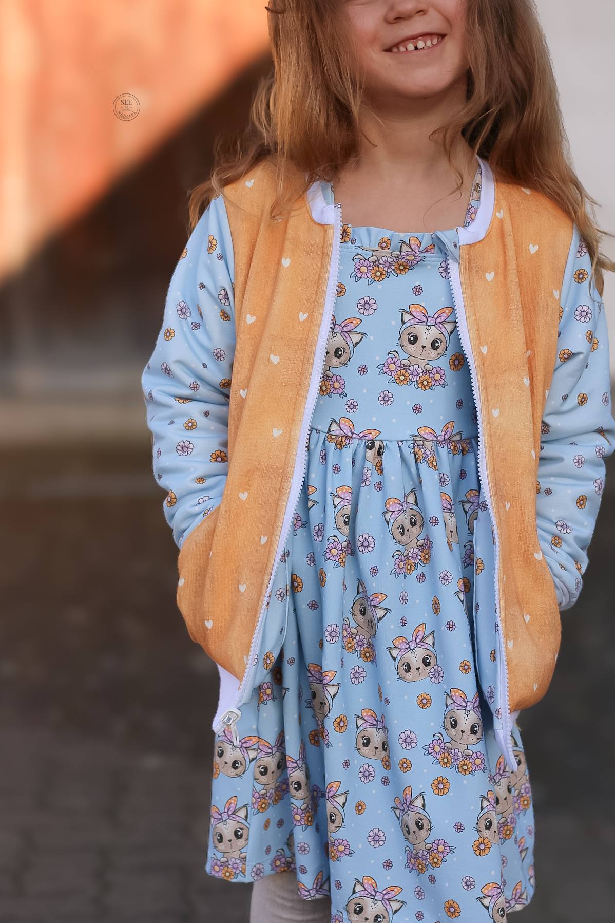 Kitty Flower Blau – Katzen & Blumen Kinderstoff | verschiedene Stoffarten